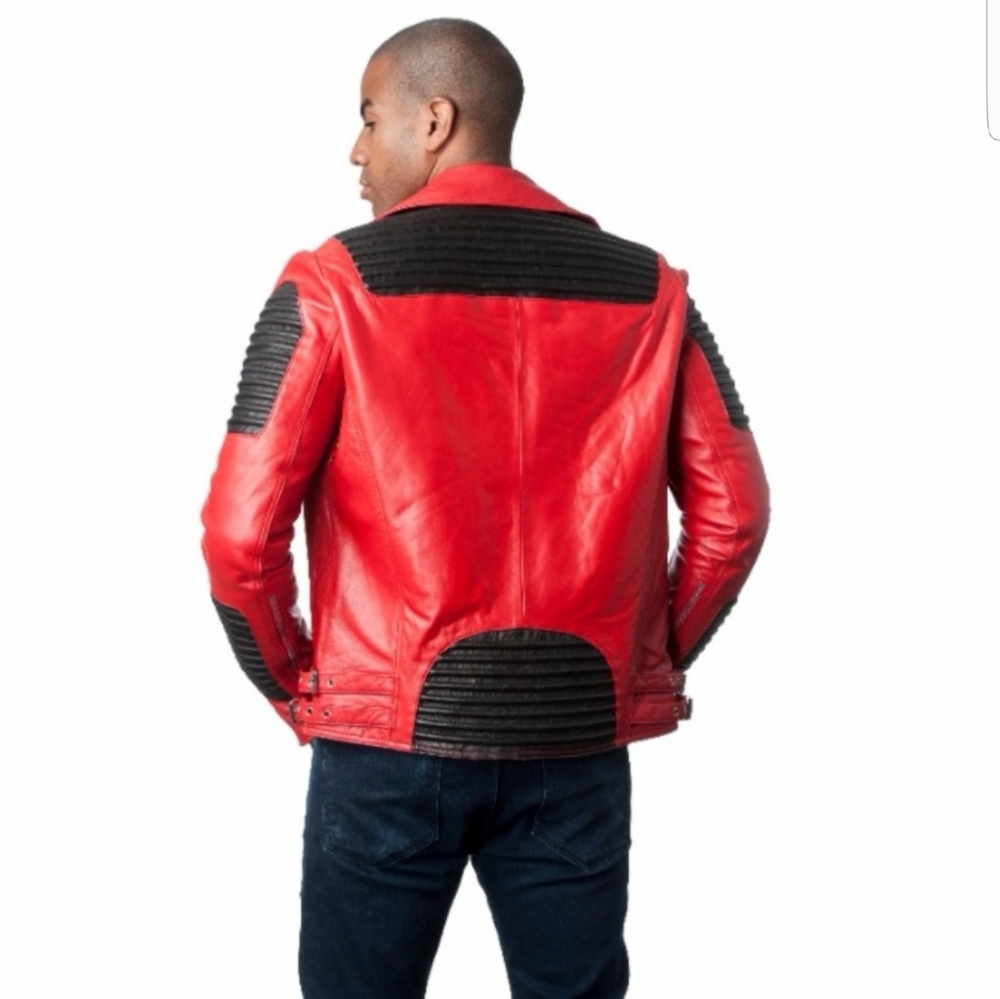 SOLD Red and Black Moto Lamb Leather Jacket - Picture 2 of 2
